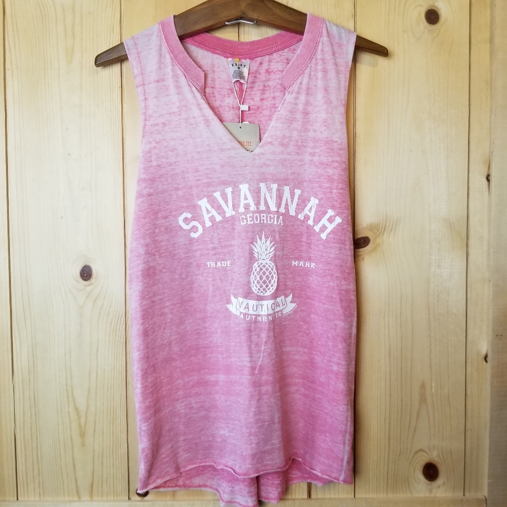 Exist Sleeveless "Savannah GA" Burnout Distressed Neck/Hem Tank T-Shirt NWT